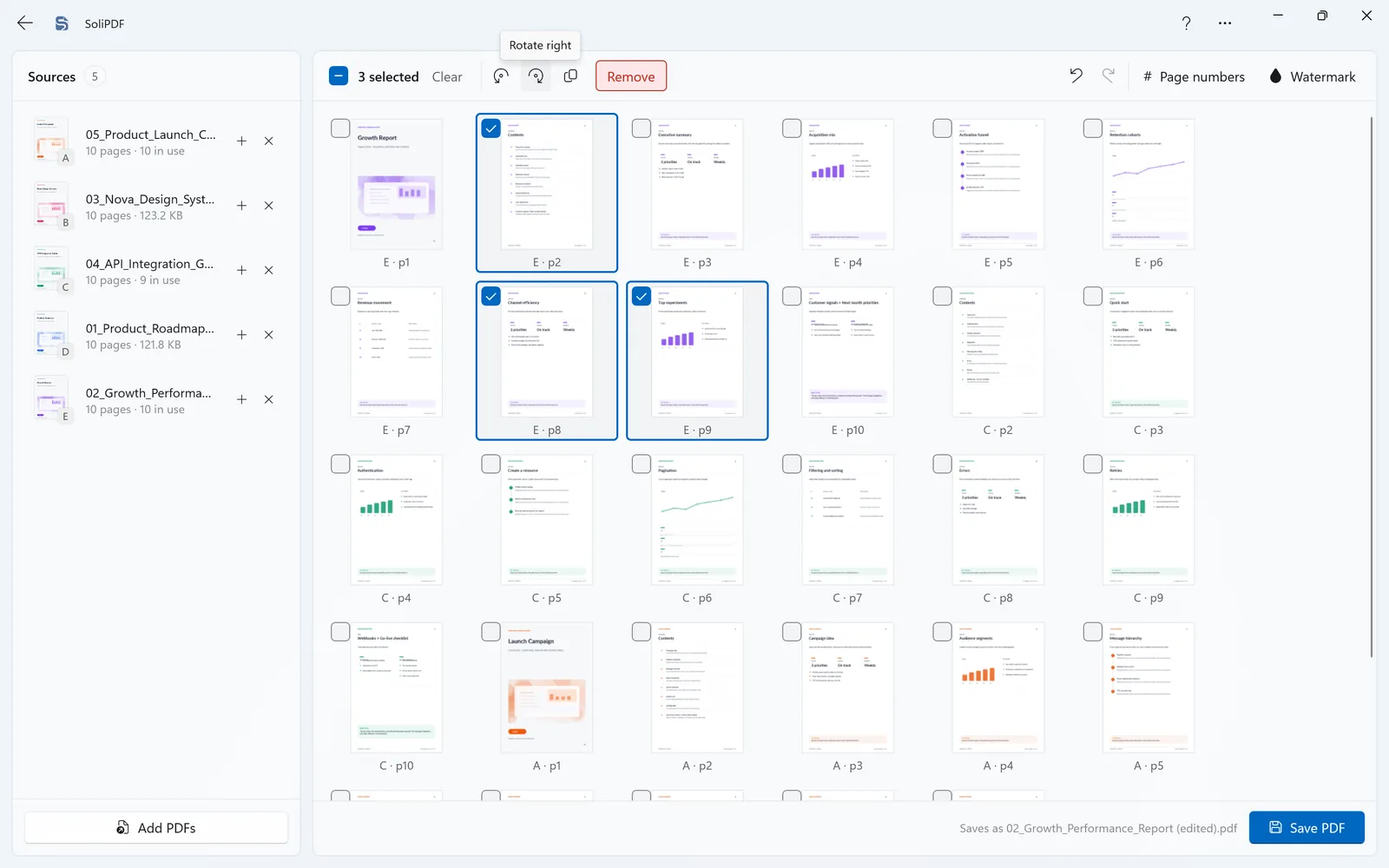 Select, rotate, and remove pages